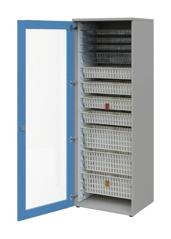 EUROMEDICA S - 66 skříň léková boxová, 1-dveřová/prosklená, levá, 1950x660x535, korpus šedý, dvířka pastelově modrá